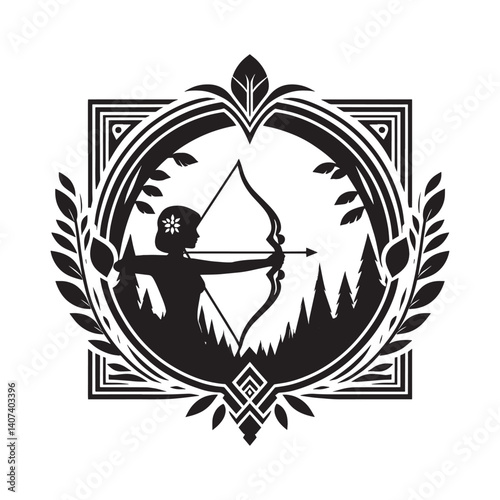 Silhouette of a poised archer within an ornate forest frame illustration