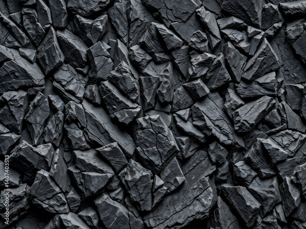Rough black stones with deep texture and shadows, isolated as natural background. Generative AI