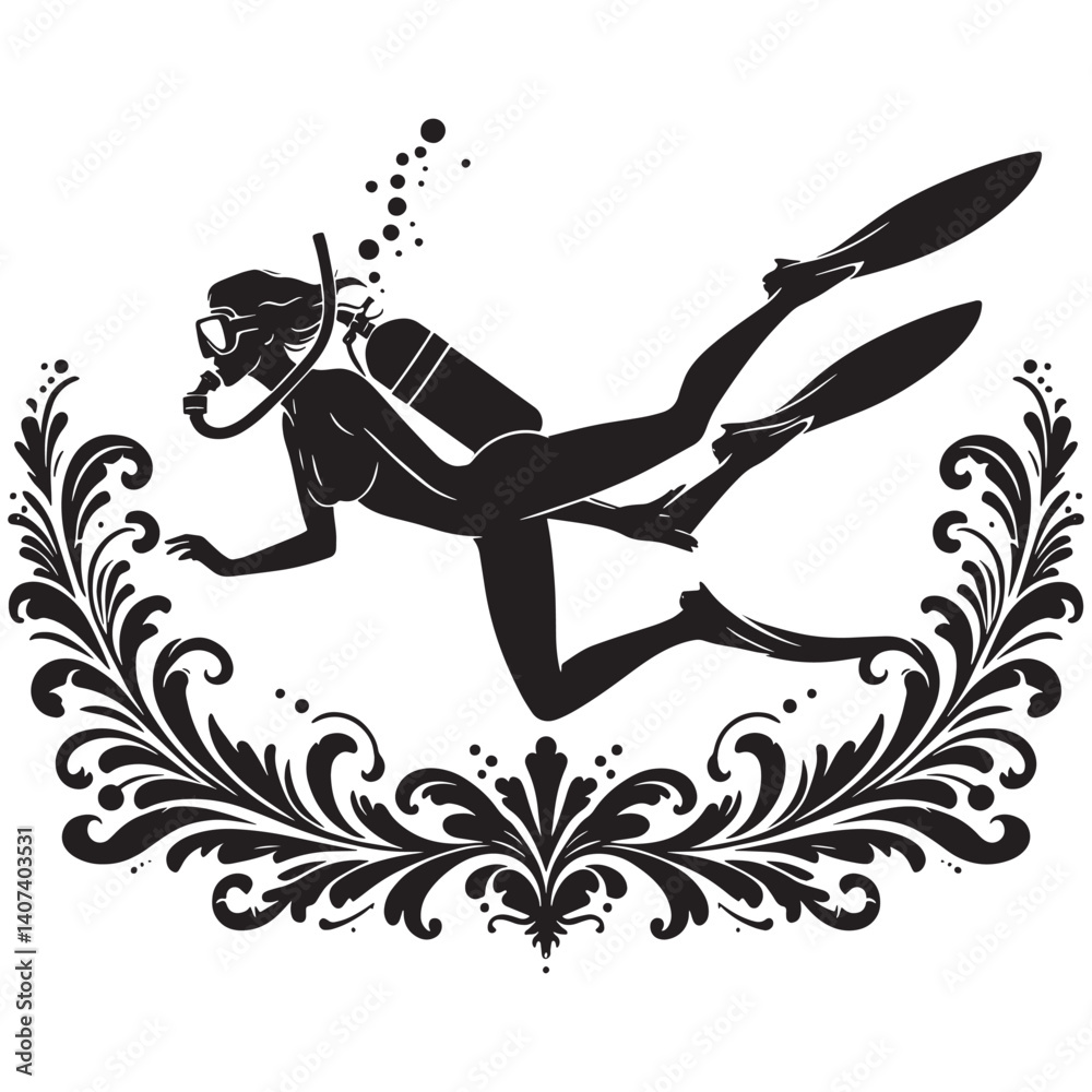Silhouette of a Scuba Diving Woman Surrounded by Victorian Flourishes Silhouette of a Scuba Diving Woman Surrounded by Victorian Flourishes