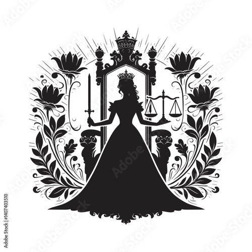 Silhouette of a queen ruling with justice and fairness, a symbol of power