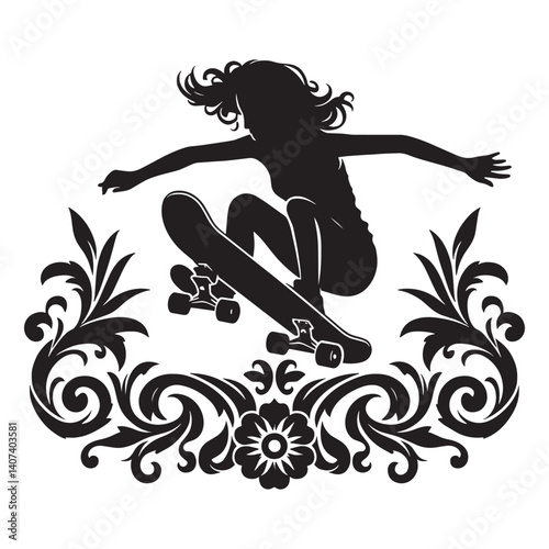Silhouette of a skateboarder girl performing trick amidst baroque flourish pattern