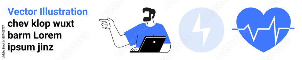 Man using laptop making a pointing gesture, followed by circular energy bolt icon and heartbeat graphic. Ideal for technology, health, energy, education, remote work, presentations, flat landing page Man using laptop making a pointing gesture, followed by circular energy bolt icon and heartbeat graphic. Ideal for technology, health, energy, education, remote work, presentations, flat landing page