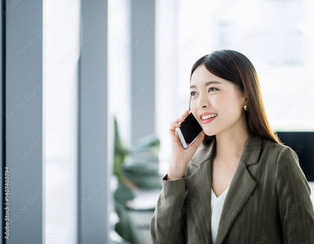 スマホで会話をする会社員 スマホで会話をする会社員