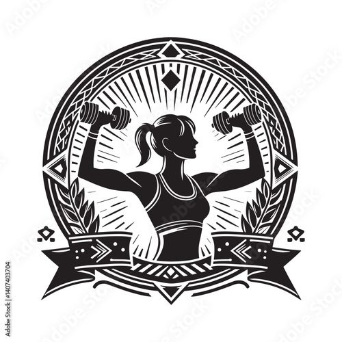 Silhouette of a Strong Woman Celebrating Fitness Triumph in Art Deco Style