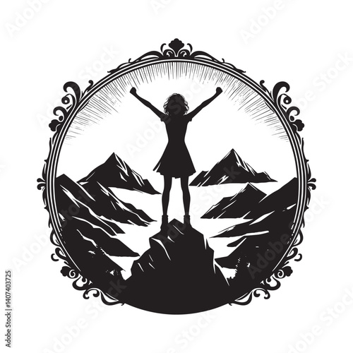 Silhouette of a triumphant woman atop a rocky summit with a flourish frame