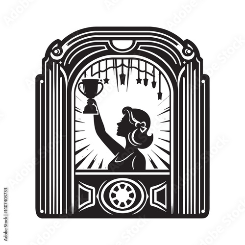Silhouette of a triumphant woman winning a prize at an amusement game booth