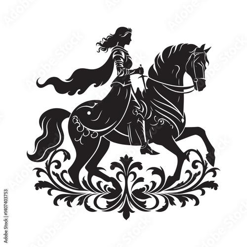 Silhouette of a valiant woman warrior riding a horse in medieval armor