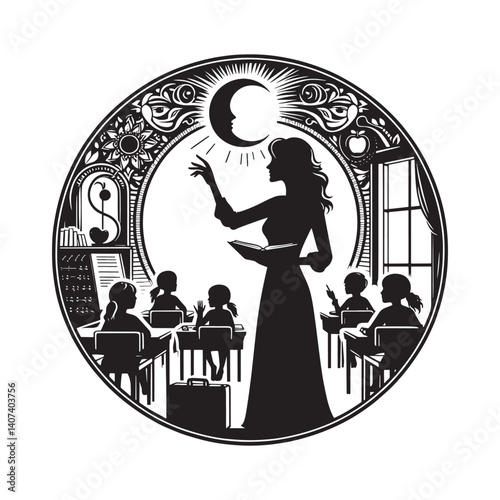 Silhouette of a teacher guiding students in a classroom setting within a decorative circular design