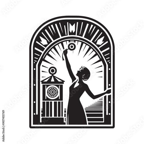 Silhouette of a triumphant woman winning a prize at a vintage carnival game booth