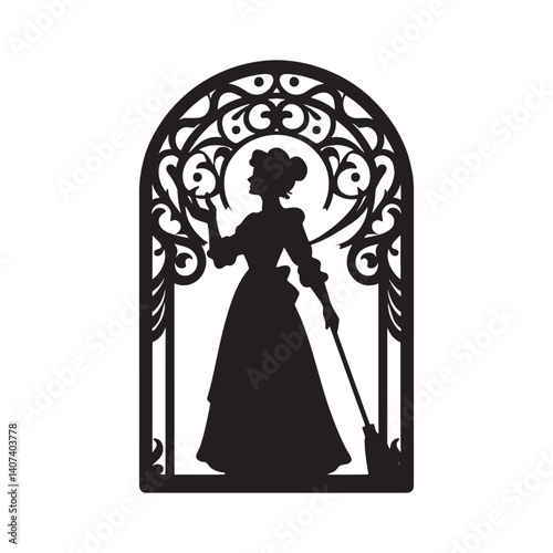 Silhouette of a Victorian woman with cleaning equipment and decorative frame