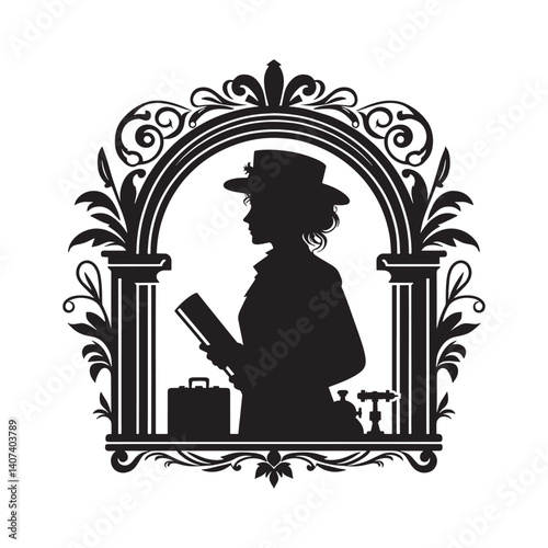 Silhouette of a VictorianEra Female Professional with Ornate Flourishes