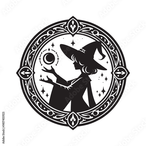 Silhouette of a witch conjuring cosmic energies within an art nouveau frame