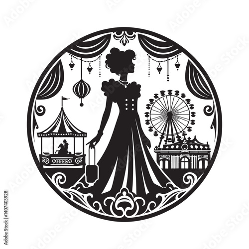 Silhouette of a vintage woman at a retro funfair in elegant style illustration