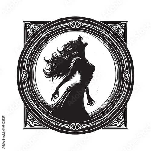 Silhouette of a werewolf howling under the moon in decorative frame