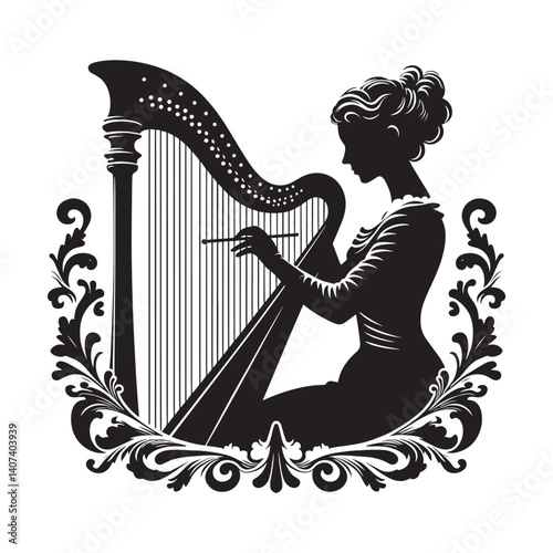 Silhouette of a woman adjusting a harp within a decorative floral border