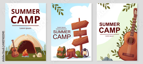 A set of flyers for summer camping, hiking, travel, adventure, outdoor activities, nature exploration, picnic.