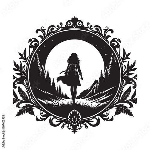 silhouette of A woman adventure Moonlit Path silhouette of A woman walking along a moonlit trail inside Victorian flourish