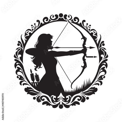 Silhouette of a woman archer within an ornate decorative floral circle