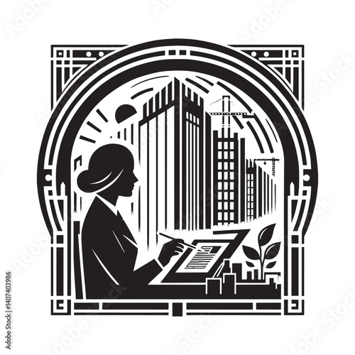 Silhouette of a woman architect creating building designs for urban sustainability