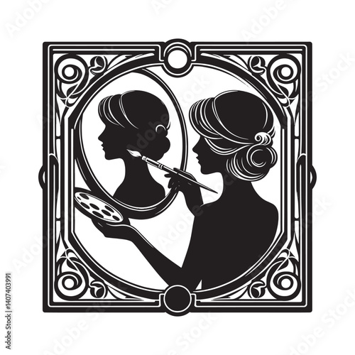 silhouette of A woman artist painting a selfportrait a