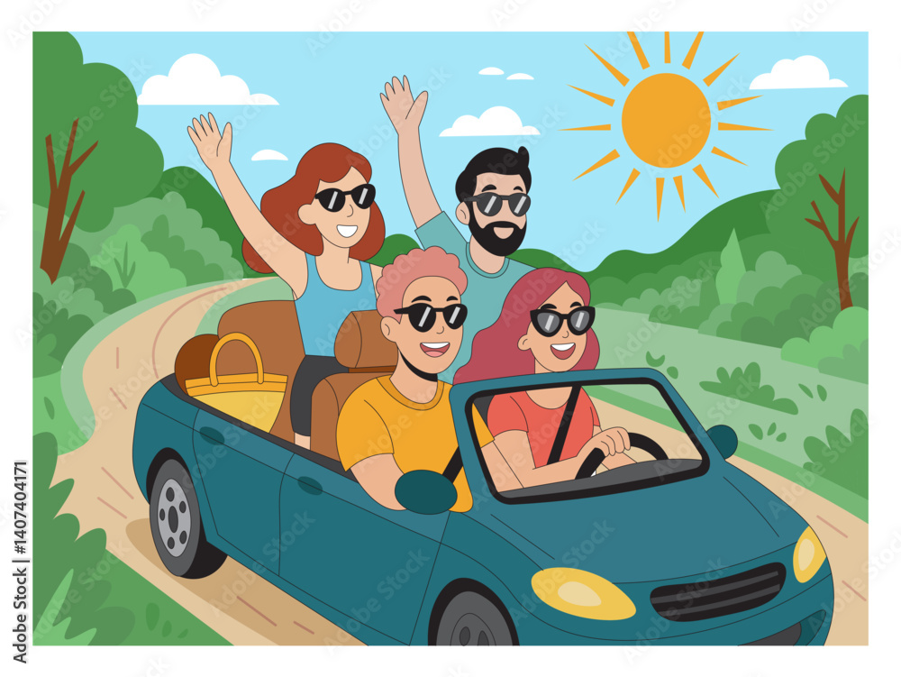Fototapeta premium Friends Enjoying Summer Road Trip in a Convertible Cartoon Vector Illustration. Happy Group of Friends Traveling in Car Through Nature Flat Design. Summer Vacation Road Trip with Friends.