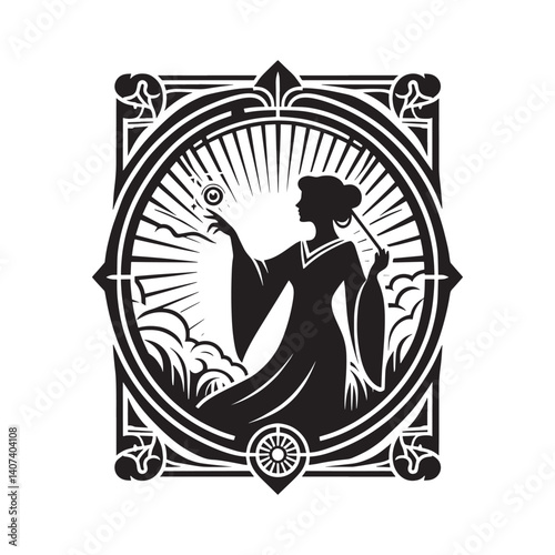 silhouette of A woman casting spells as a wise and kind witch artnouveau