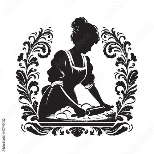 Silhouette of a woman baking with ornate victorian flourish design elements
