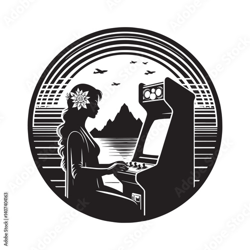 silhouette of A woman at an s arcade playing a vintage video game f