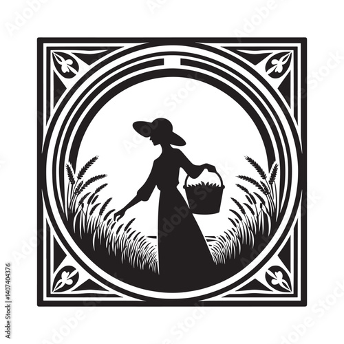 Silhouette of a woman cultivating her land with a basket, encircled by wheat stalks