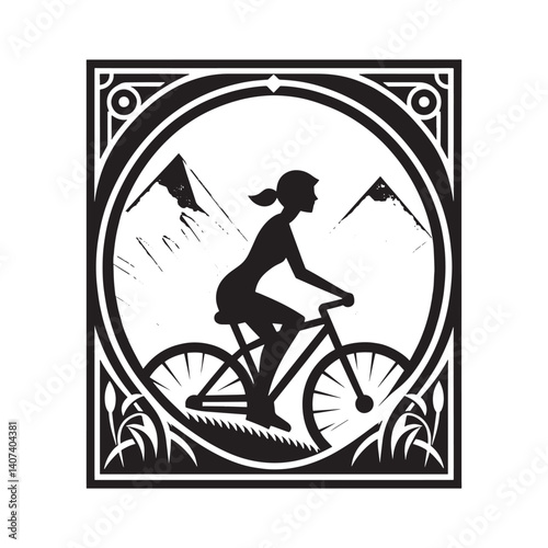 Silhouette of a woman cycling in mountainous landscape with decorative frame