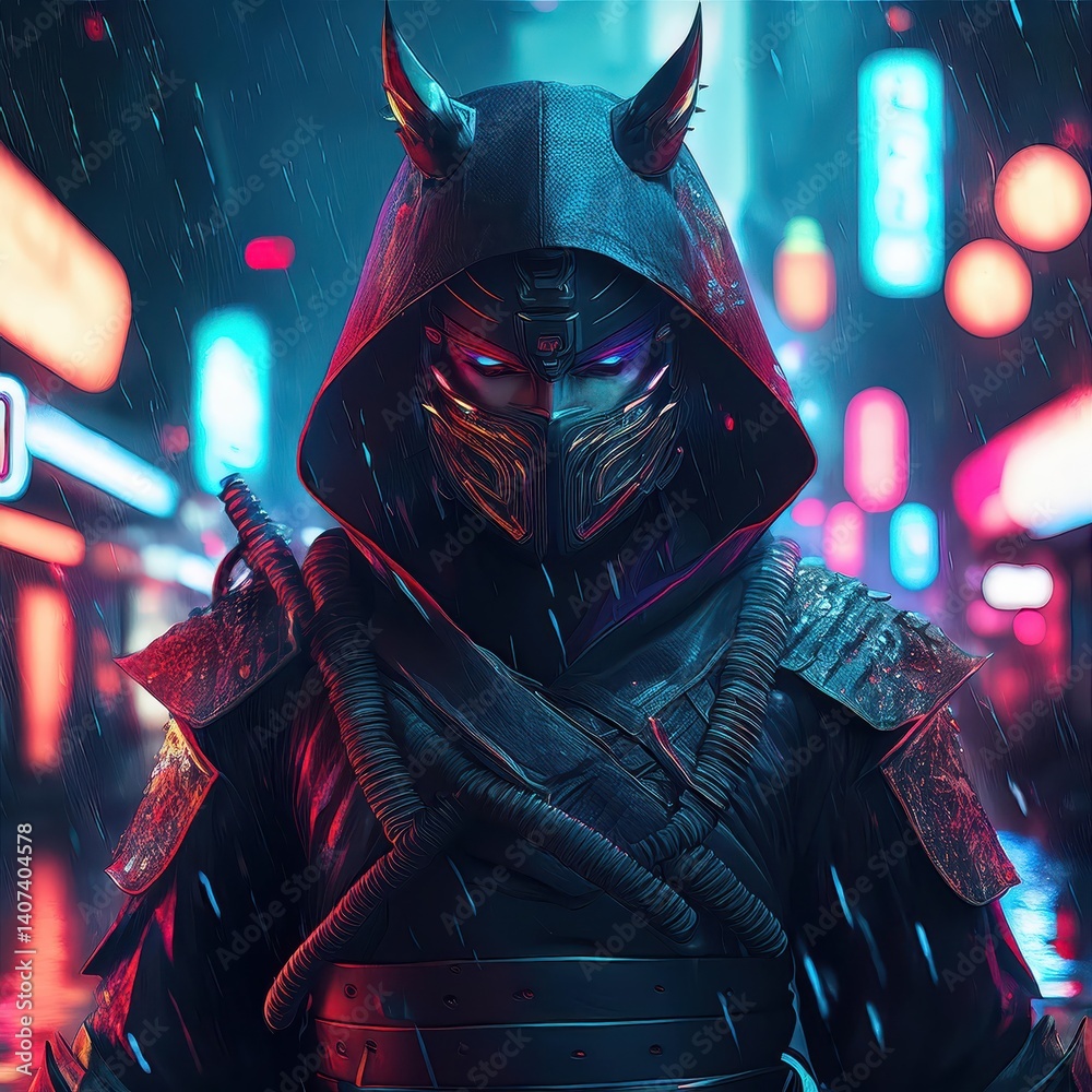 Futuristic Ninja Amidst a Glimmering Cyberpunk Metropolis A Samurai Standing Tall in the Heart of RainSlicked Neon, Evoking Sleek Mystery and Vibrant Energy.