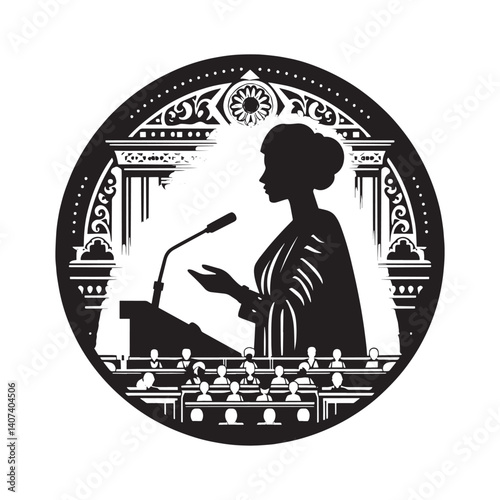 Silhouette of a woman delivering a speech in parliament setting advocacy
