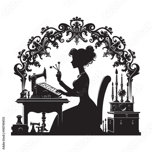 Silhouette of a woman designing in a vintage style with Victorian flourish