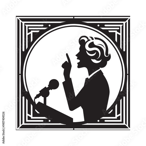 Silhouette of a woman delivering a speech at a rally with determination