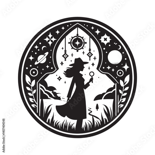 Silhouette of a woman detective with a magnifying glass in a mystical setting