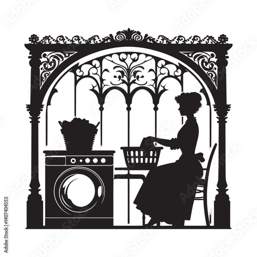 Silhouette of a woman doing laundry in an ornate Victorian laundry room