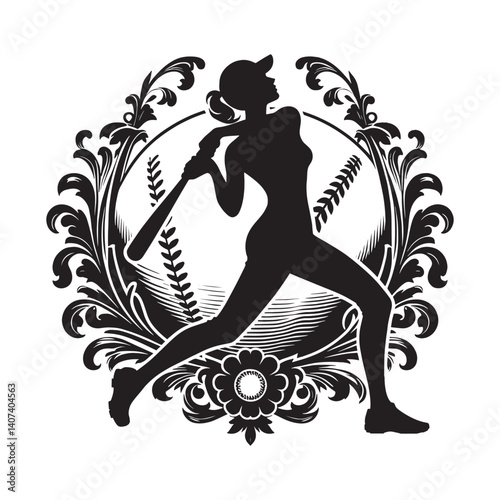 silhouette of A woman doing sport Baseball inside Victorian flourish