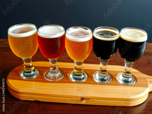 Obraz na płótnie A wooden tray with five different types of beer glasses on it. The glasses are filled with various types of beer, including light and dark beers. The tray is placed on a wooden table w salonie
