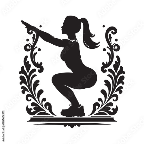 Silhouette of a woman doing squats inside a Victorian flourish illustration