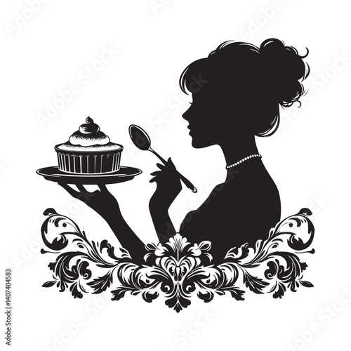 Silhouette of a woman elegantly serving dessert in vintage decorative style