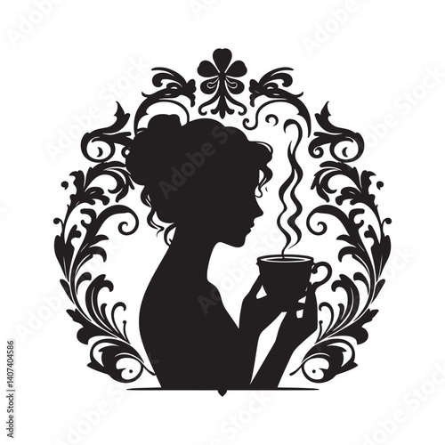 Silhouette of a woman enjoying a beverage surrounded by Victorian flourishes