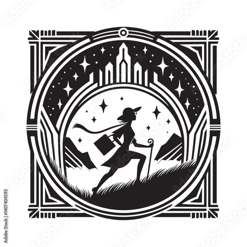 Silhouette of a woman embarking on an illustrated grand art deco quest