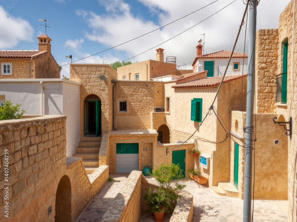 A small courtyard with a green door and a green pot. The courtyard is surrounded by buildings with green shutters