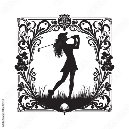 Silhouette of a woman golfing inside a flourish victorian ornamental frame