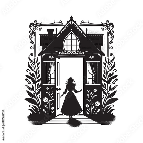 Silhouette of a woman entering an ornate victorian cottage through a secret door