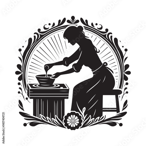 Silhouette of a woman gracefully crafting pottery on a spinning wheel artwork