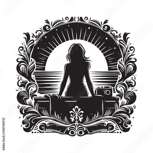 Silhouette of a woman gazing at dawn after a movie marathon session