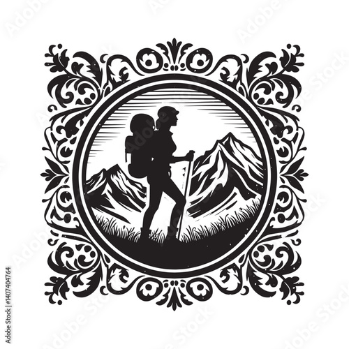 Silhouette of a woman hiking through mountains in decorative frame border