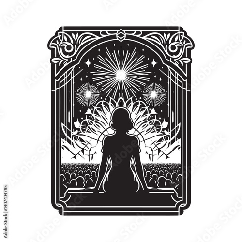 Silhouette of a woman immersed in a mesmerizing fireworks celebration at the fair