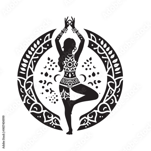 Silhouette of a woman in a yoga pose surrounded by bohemian ornaments